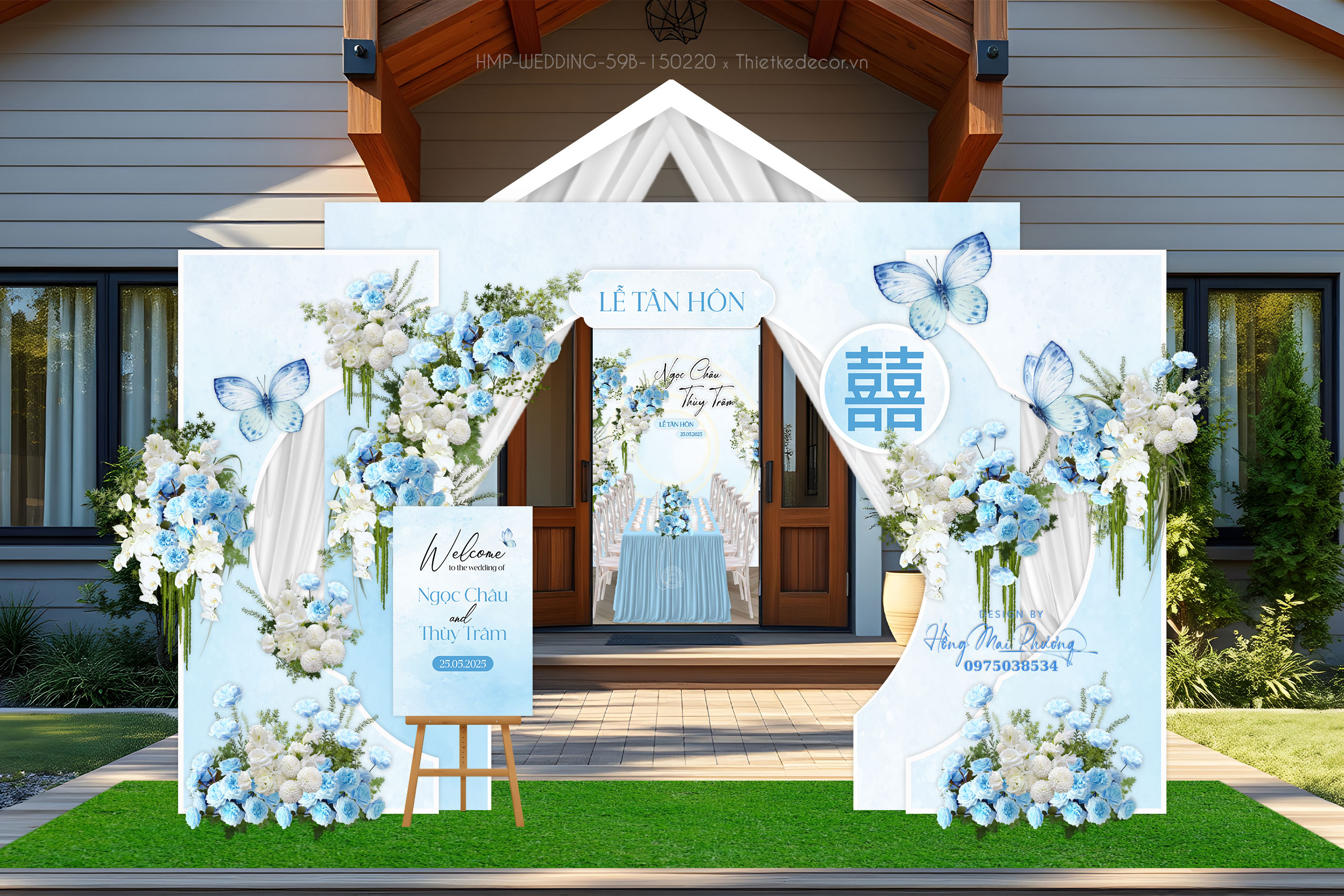 Cổng cưới tone xanh dương phối bướm, kèm bảng welcome cưới